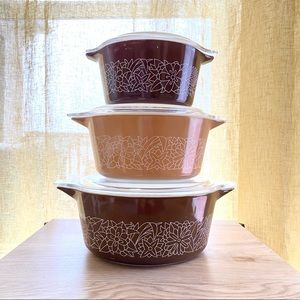Pyrex Woodland complete set including 3 ORIGINAL lids